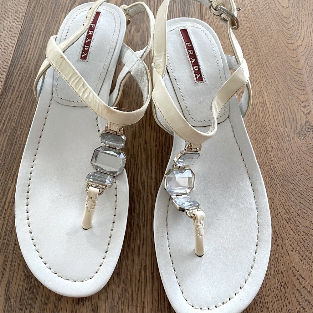 Prada cream and white jewel wedge sandals.